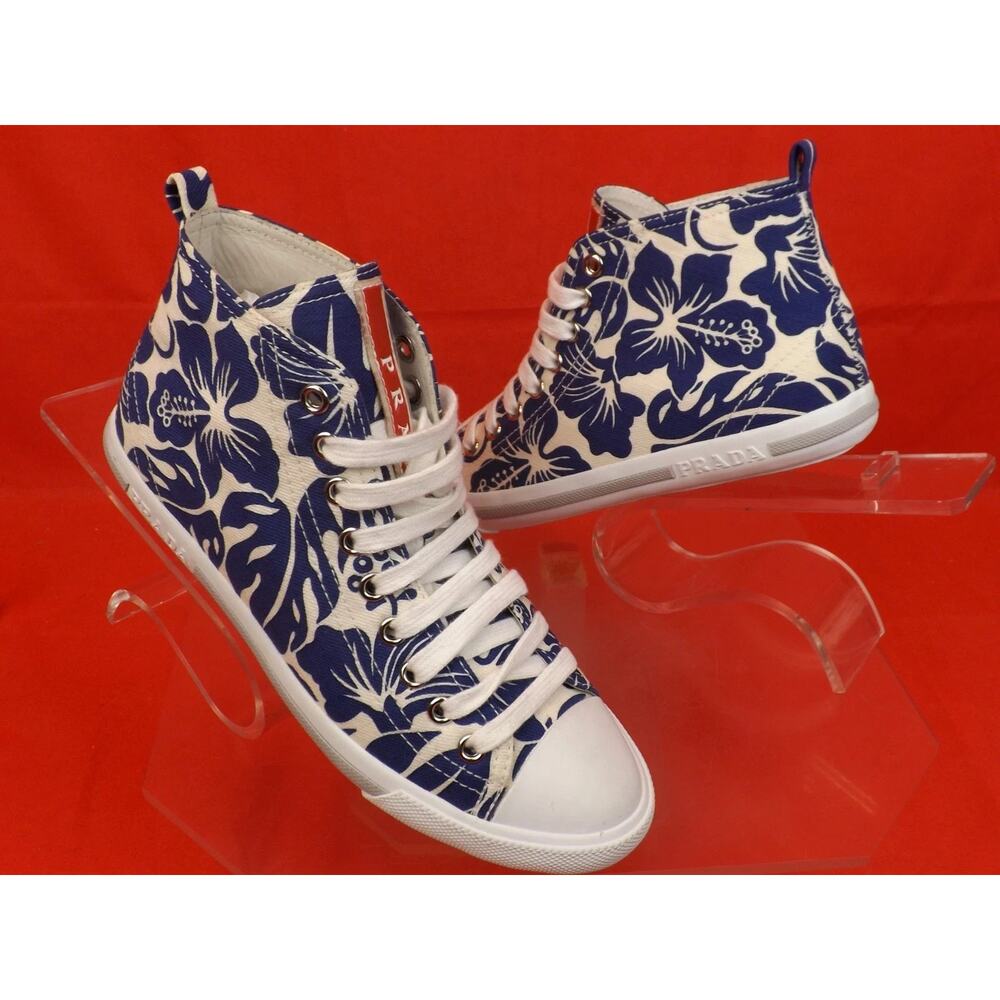 NIB PRADA 3T5731 WHITE BLUE FLORAL DENIM LEATHER CANVAS HIGH TOP SNEAKERS 35.5 - Picture 3 of 9